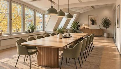 Plats för stort bord för möten och luncher, bilden är en AI genererad illustration Nygatan 8