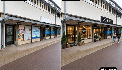 Visualisering – AI-modifierad bild skapad med ChatGPT utifrån ett fotografi av lokalen. Axel Dahlströms Torg 1
