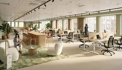 Öppet kontorslandskap med loungedel (visionsbild) Sten Sturegatan 12
