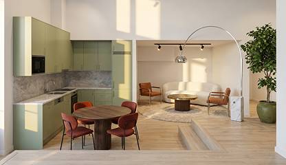 Visionsbild, pentry, lounge och lunchrum i kontor Folkungavägen 14 C