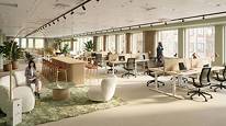 Öppet kontorslandskap med loungedel (visionsbild) Öppet kontorslandskap med loungedel (visionsbild)