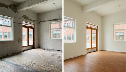 lokal i nuvarande skick, och visionsbild hur det kan se ut när lokalen är renoverad Fabriksgatan 2C