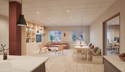 Visionsbild på pausrum (AI-genererad). Skeppargatan 11, Nygatan 61