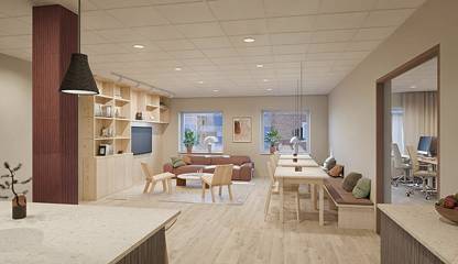 Visionsbild på pausrum (AI-genererad). Skeppargatan 11, Nygatan 61