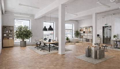 Exempel på hur lokalen kan användas som en kombinerad showroom- och kontor. Ulvsundavägen 178 A