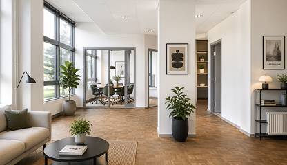 En inspirerande vision av lokalen som modern arbetsmiljö med mötesytor, lounge och ör kontor, showroom eller kreativ verksamhet. Finlandsgatan 64-68