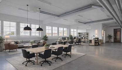 Exempel på hur lokalen kan användas som kontor med industriell stil. Ranhammarsvägen 25