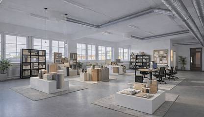 Exempel på hur lokalen kan användas som en kombinerad showroom- och kontor. Ranhammarsvägen 25