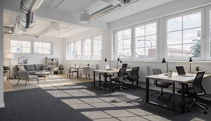 Exempel på hur lokalen kan användas som kontor med industriell stil. Ranhammarsvägen 25