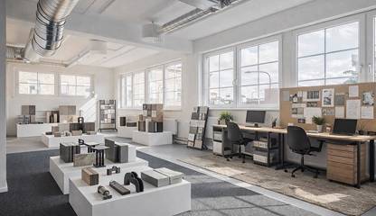 Exempel på hur lokalen kan användas som en kombinerad showroom- och kontor. Ranhammarsvägen 25