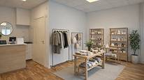 Visualisering – Lokal med naturlig plats för kassapunkt och tydligt kundflöde genom butikens centrala yta. Landsvägen 15