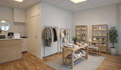 Visualisering – Lokal med naturlig plats för kassapunkt och tydligt kundflöde genom butikens centrala yta. Landsvägen 15