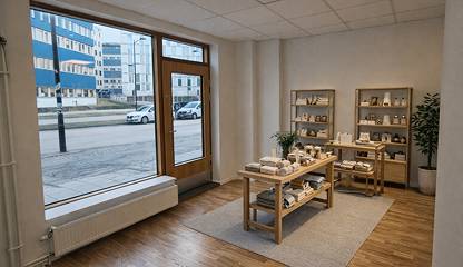 Visualisering – Generöst skyltfönster och entré i gatunivå som skapar god exponering mot förbipasserande. Landsvägen 15