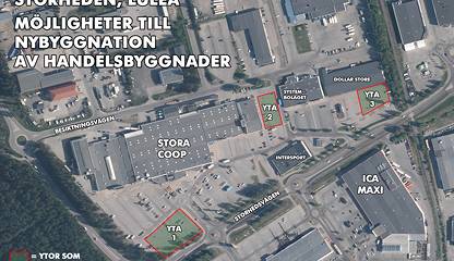 Tre olika ytor som är möjliga att bebygga på fastigheten Storhedsvägen 1
