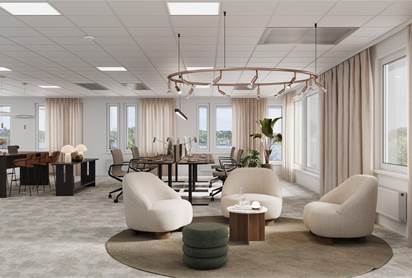 Moderna och trevliga ytor för lounge och kontorsplatser med sjöutsikt över Brunnsviken (visionsbild)