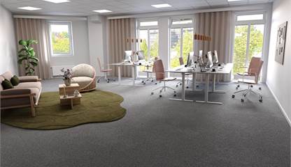 Illustrerad bild över öppet kontorslandskap/lounge Teknikringen 4 B