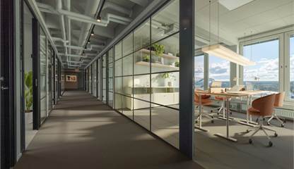 Visionsbild kontor med synliga installationer Arenavägen 41