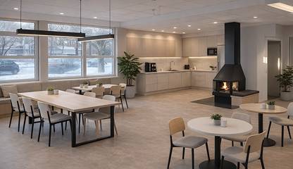 Visualisering kök med befintlig öppen spis Stormbyvägen 6