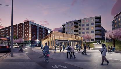 Tunnelbanans blå linje med uppgångar vid Mårtensdal och Luma, planerad trafikstart 2030. Hammarby Fabriksväg 43