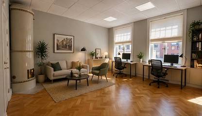Entré, kontorsrum 217 med lounge. Bilden är delvis AI-genererad. Storgatan 29