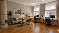 Entré, kontorsrum 217 med lounge. Bilden är delvis AI-genererad. Entré, kontorsrum 217 med lounge. Bilden är delvis AI-genererad.