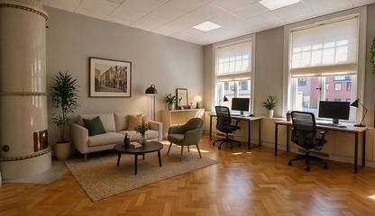 Entré, kontorsrum 217 med lounge. Bilden är delvis AI-genererad. Storgatan 29