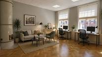 Entré, kontorsrum 217 med lounge. Bilden är delvis AI-genererad. Entré, kontorsrum 217 med lounge. Bilden är delvis AI-genererad.