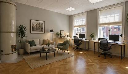 Entré, kontorsrum 217 med lounge. Bilden är delvis AI-genererad. Storgatan 29